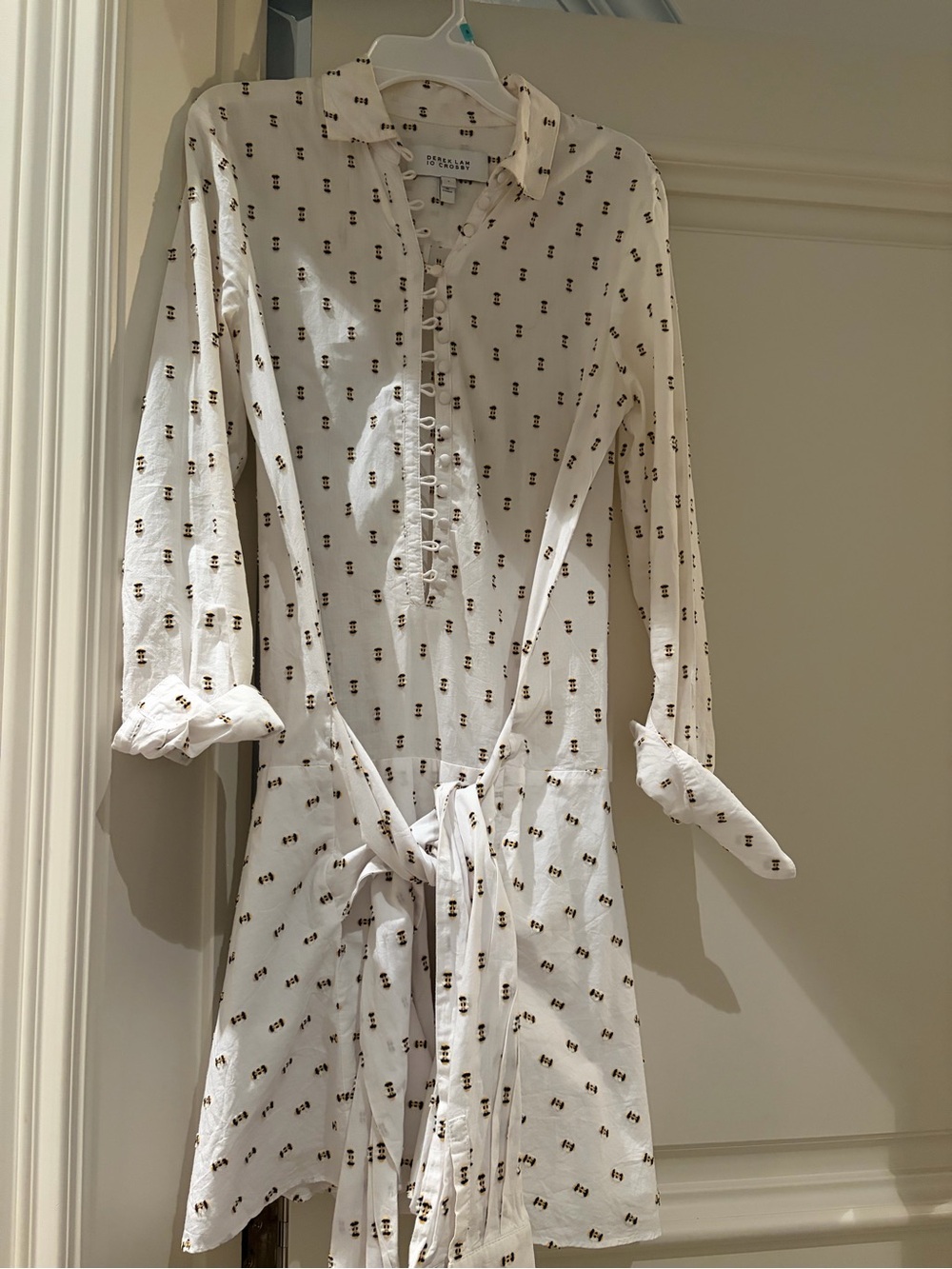 Derek Lam Cream Button-Front Tie-Waist Shirt Dress with Brown Motif